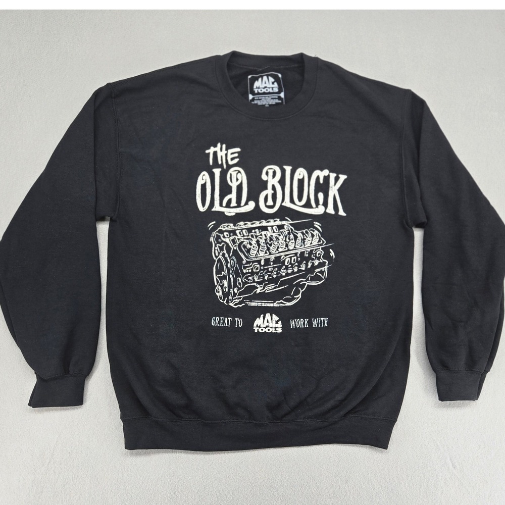 Mac Tools The Old Block V8 Engine Graphic Crewneck Black Sweatshirt Mechanic M